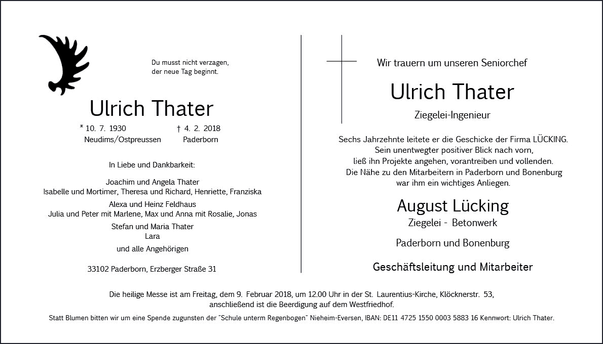 Traueranzeige Ulrich Thater